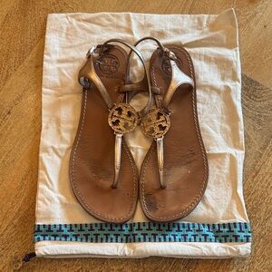 Tory Burch Tan Leather Sandals with Rose Gold Accents